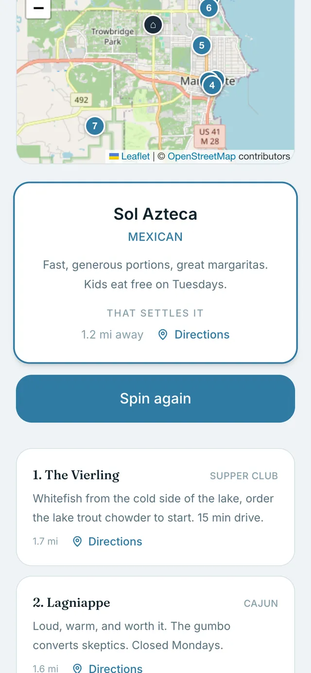 Dinner roulette settled on a restaurant, showing the distance and a directions link, in the Coast theme