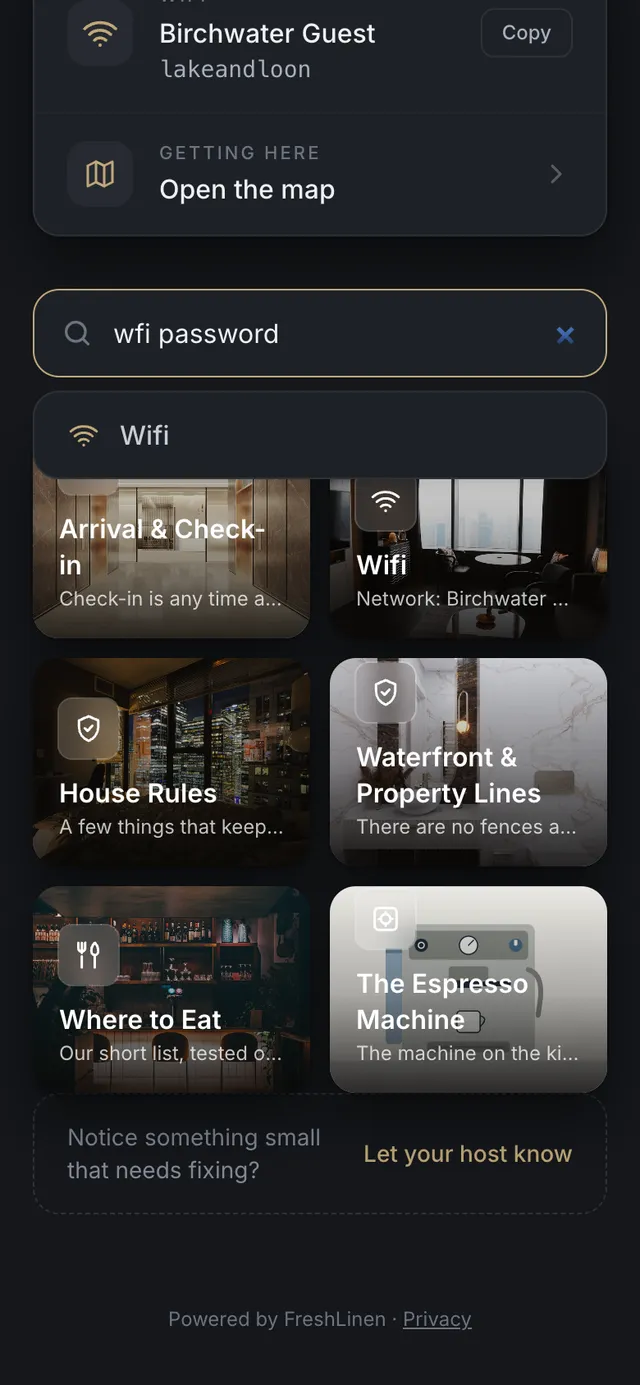 Guest search for "wfi password" landing on the Wifi page despite the typo, in the Penthouse theme