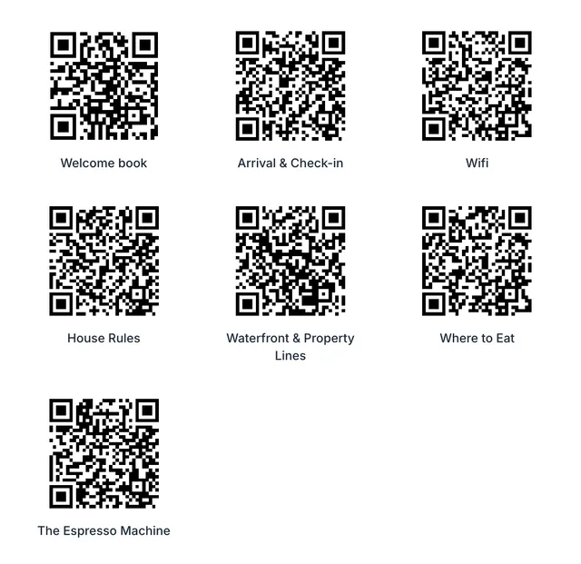 Printable sheet of seven labeled QR codes, one for each section of the welcome book