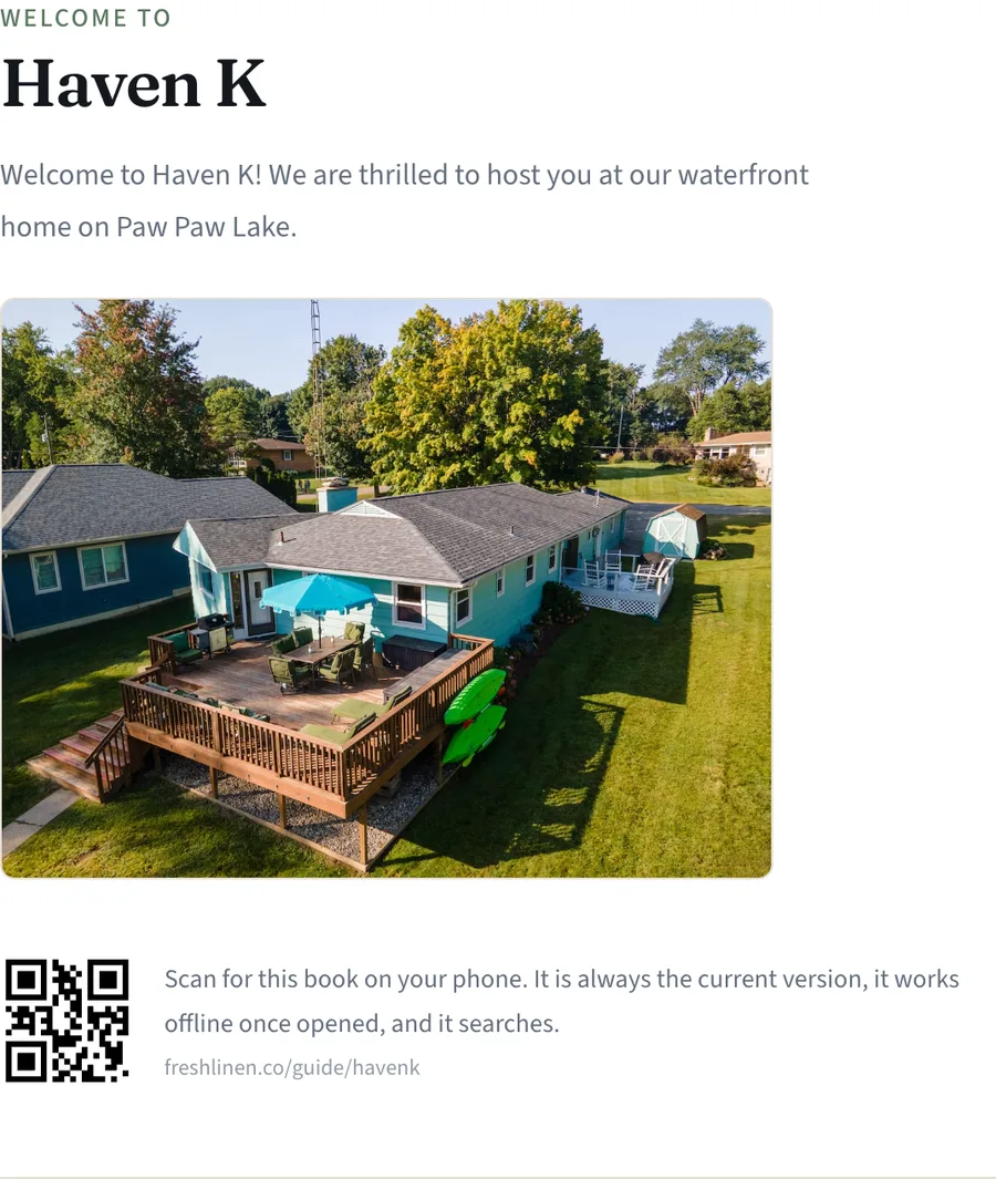 The printed cover page of the Haven K welcome book: the welcome note, a photo of the house, and a QR code that opens the book