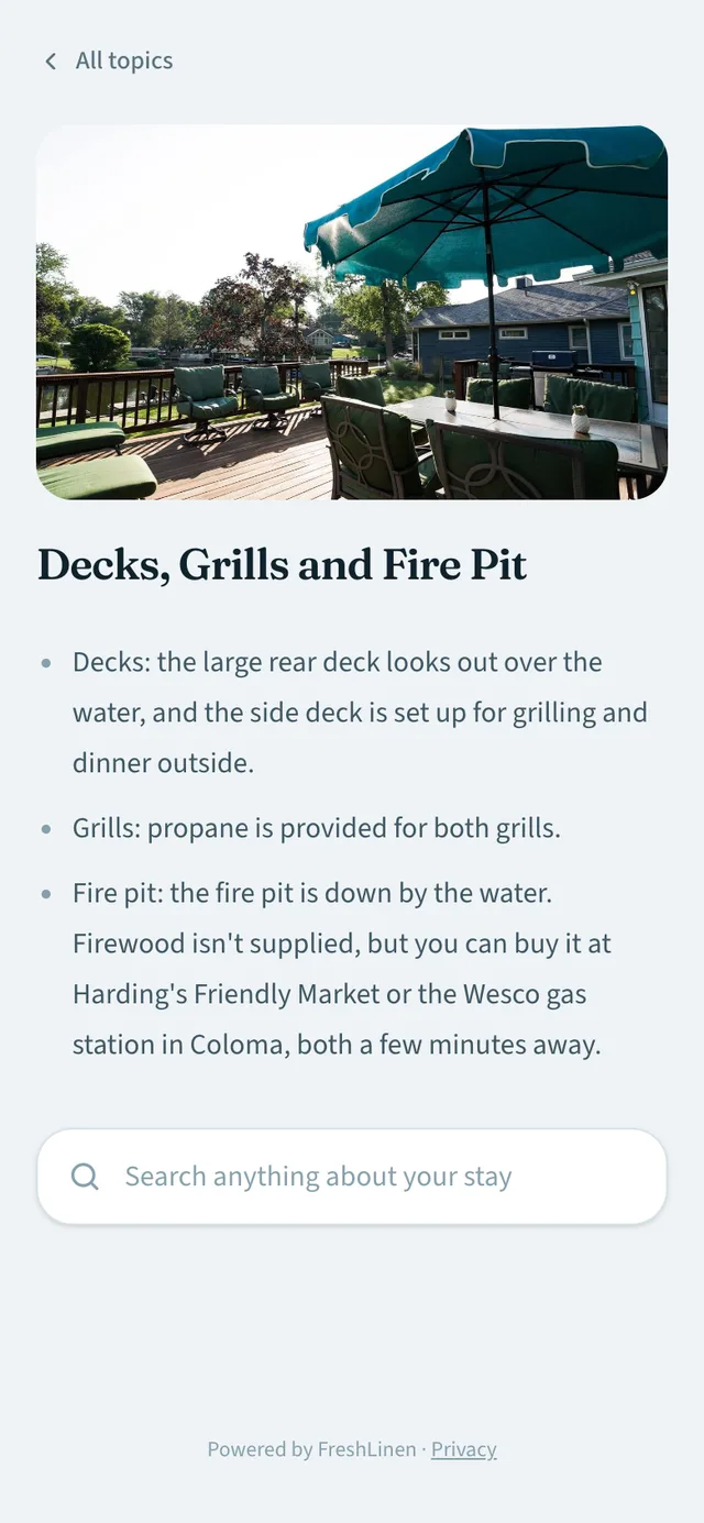 The Decks, Grills and Fire Pit page of the Haven K welcome book, with a photo of the deck under a teal umbrella