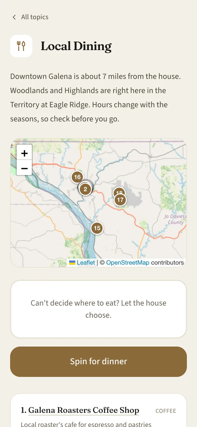 The Local Dining page of the Stonecrest welcome book: restaurants pinned on a map and a Spin for dinner button