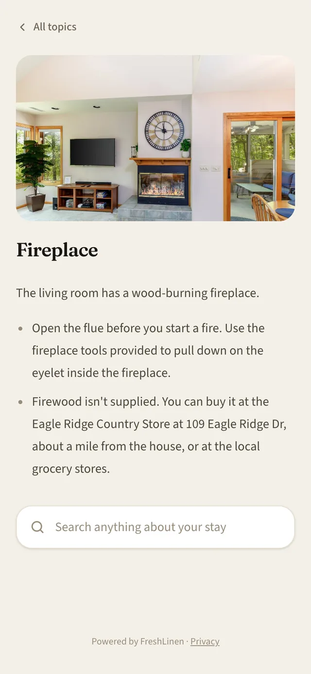The Fireplace page of the Stonecrest welcome book, with a photo of the fireplace and the steps to light it