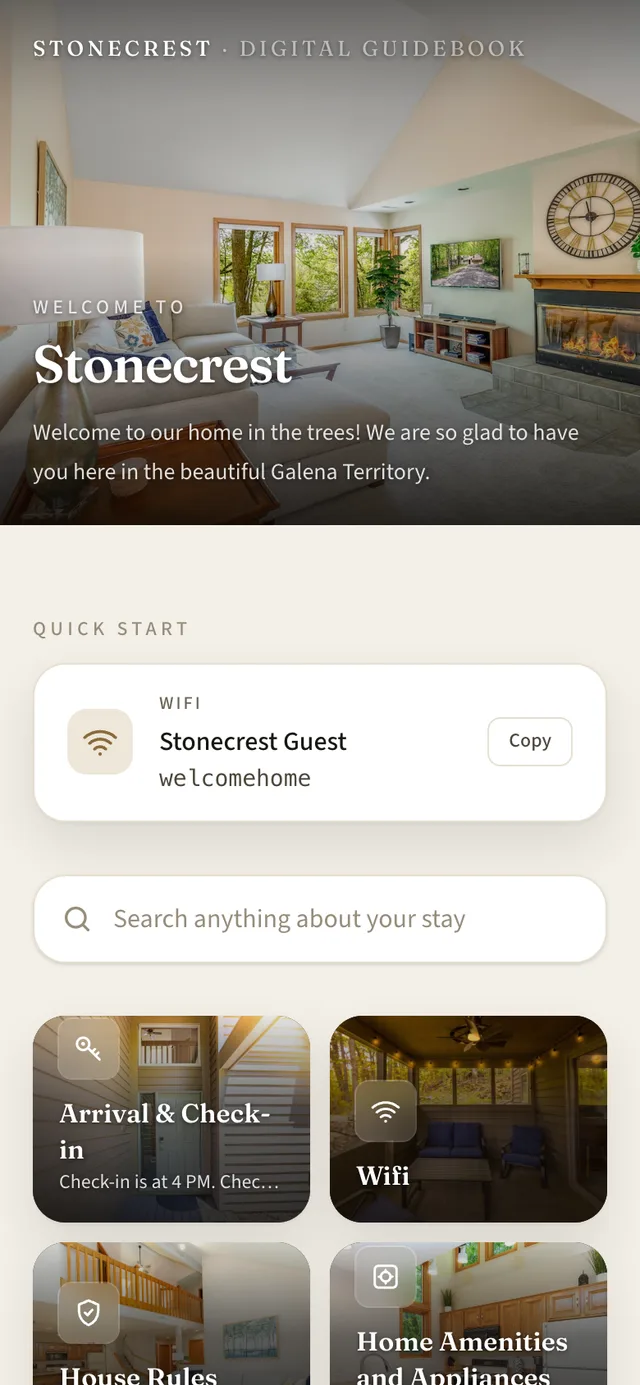 The home screen of the Stonecrest welcome book: the welcome note over a photo of the living room, the wifi card, and search